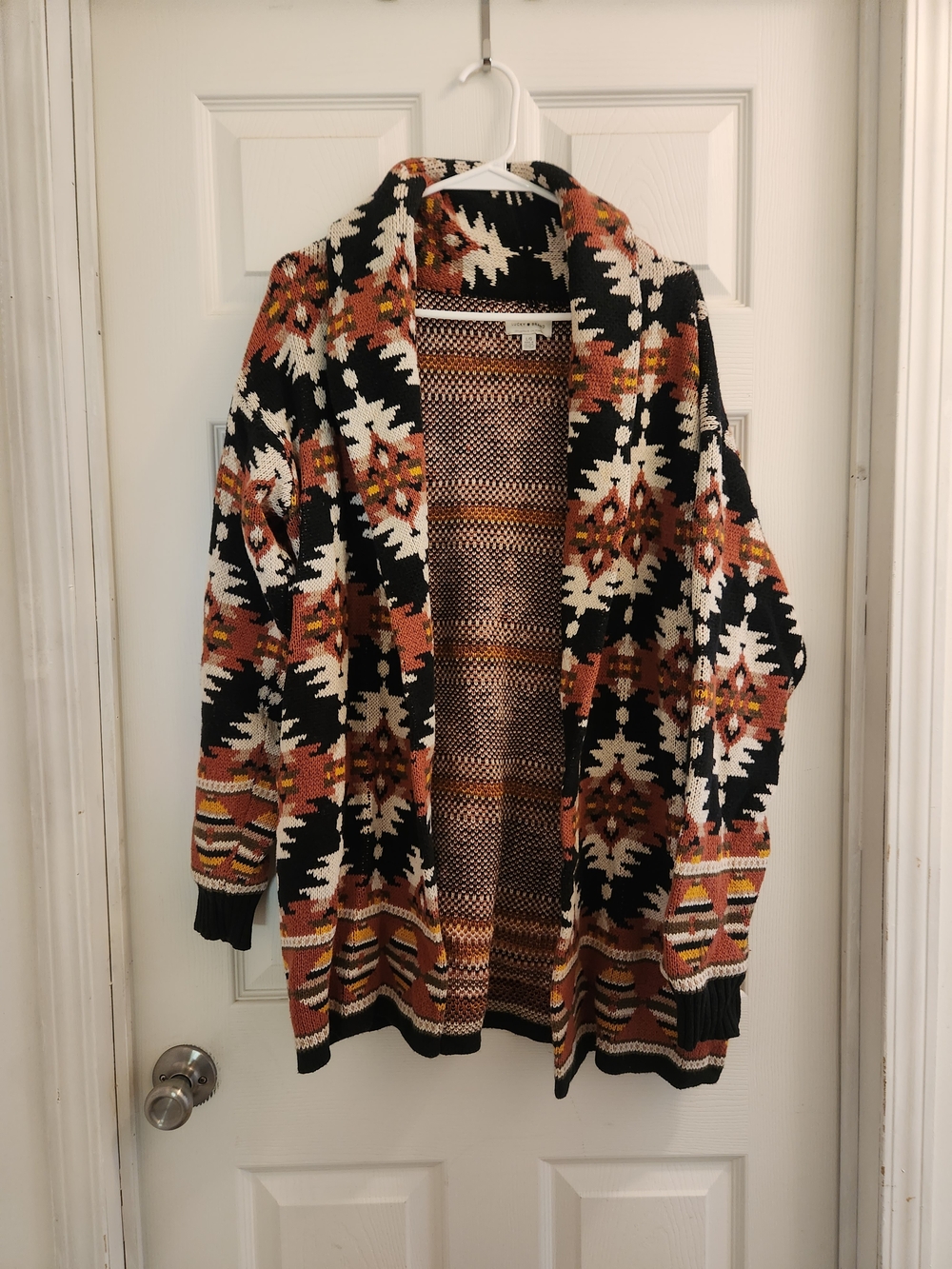 Aztec Open-Front Cardigan Sweater - Black, Cream & Rust